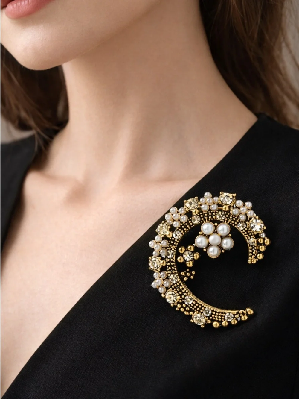 Celestial Crescent Pearl Cluster Gold Brooch